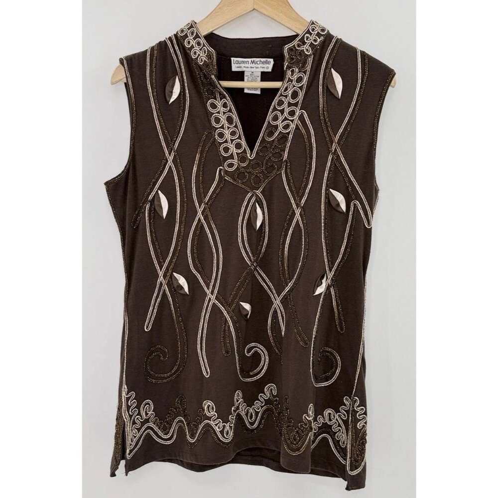 Lauren Michelle Brown Metallic Embroidered Applique Blouse Sz M Art To Wear Boho - Picture 2 of 8